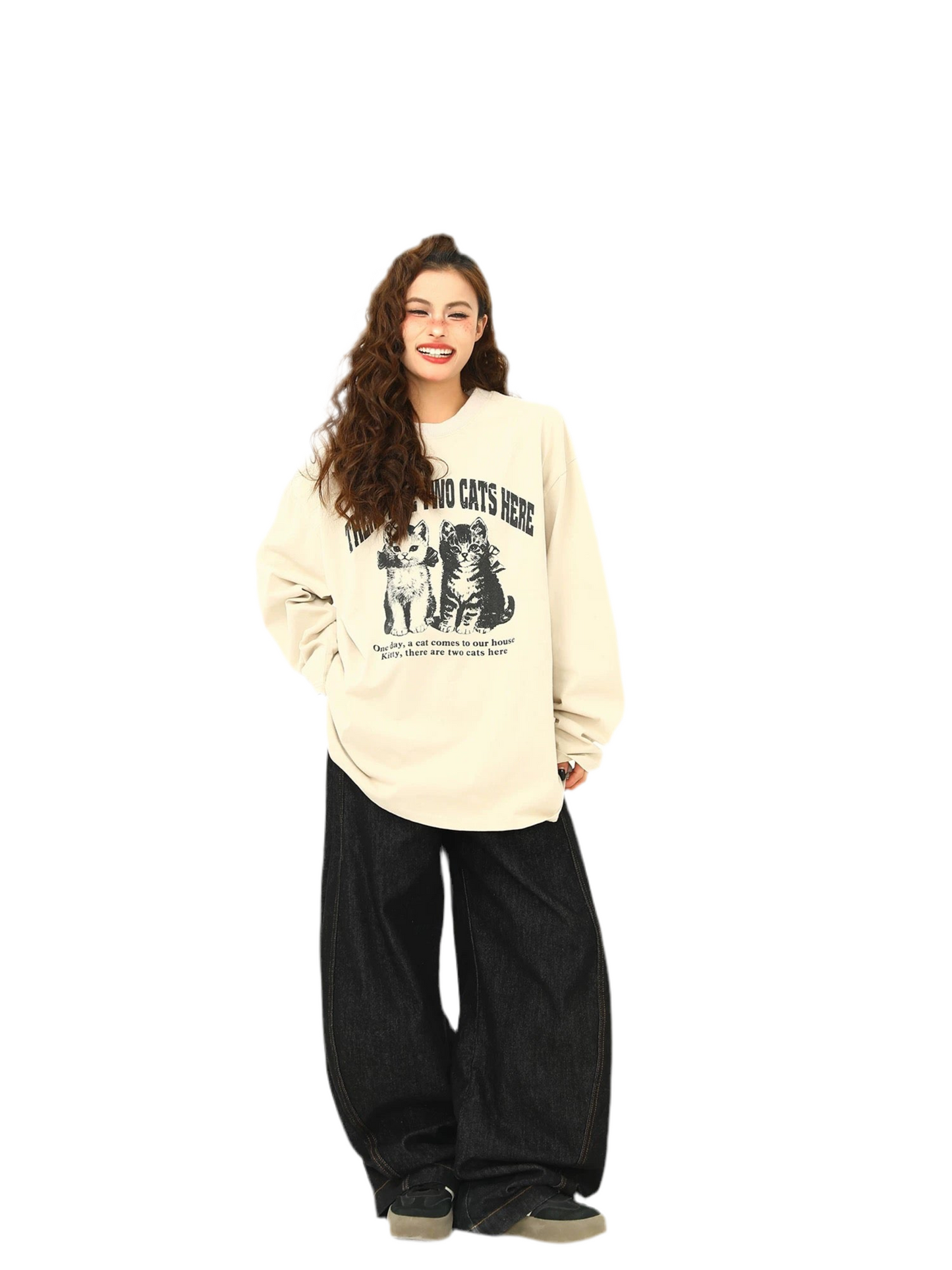 Full Sleeve Oversized Cat Graphic T-shirt
