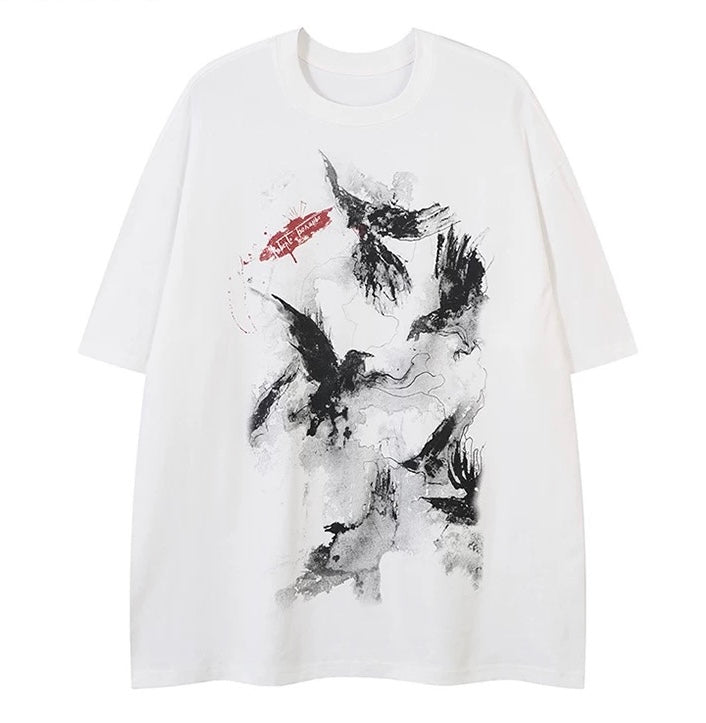 Oversized Ink Print Raven Graphic T-shirt