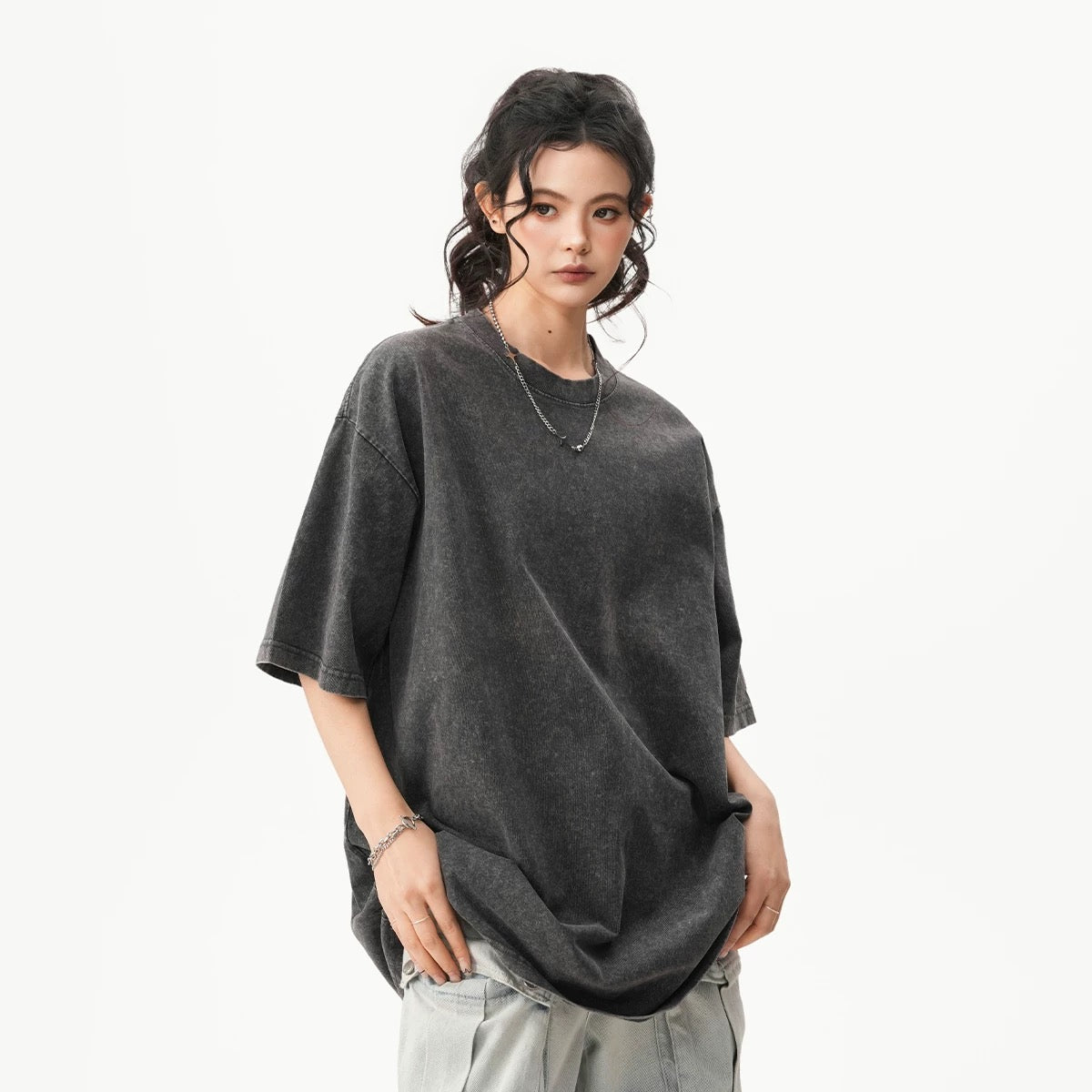 Black Grey Oversized Casual Plain T-shirt