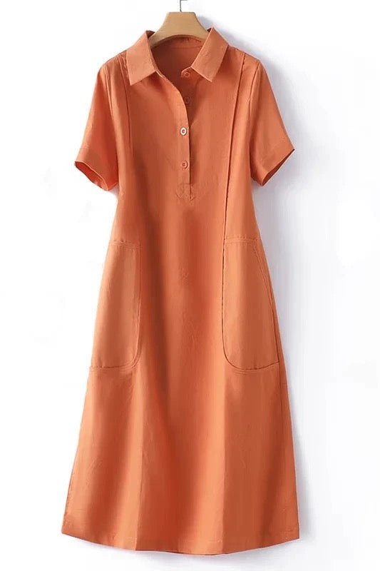 Terracotta A-Line Polo Shirt Dress With Pockets