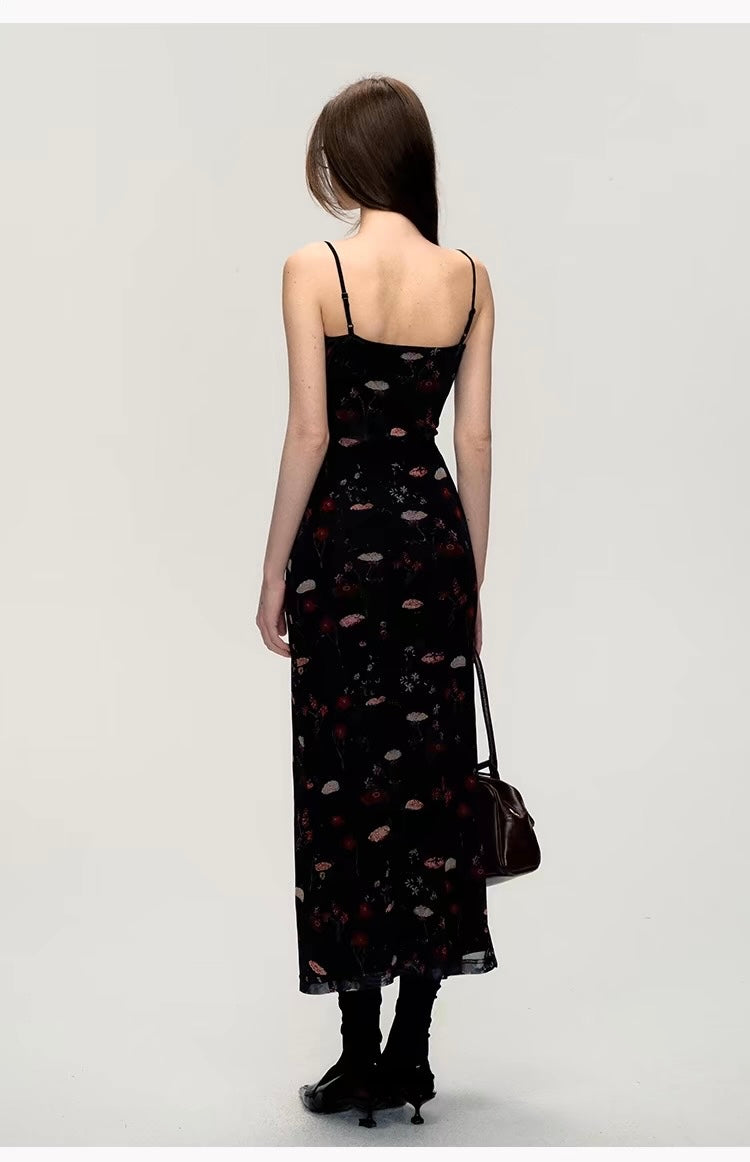 Oil-Painted Black Spaghetti Strap Dress