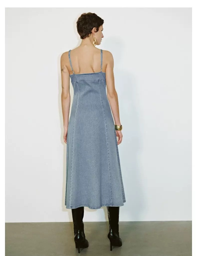 V-Neck Slit Suspender Denim Dress