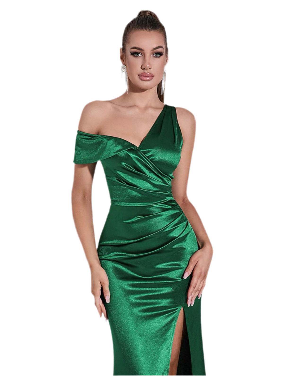 One-Shoulder Thigh-Slit Satin Dress
