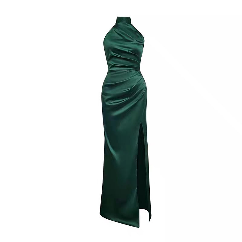 Sleek Halter Neck Tie Satin Dress