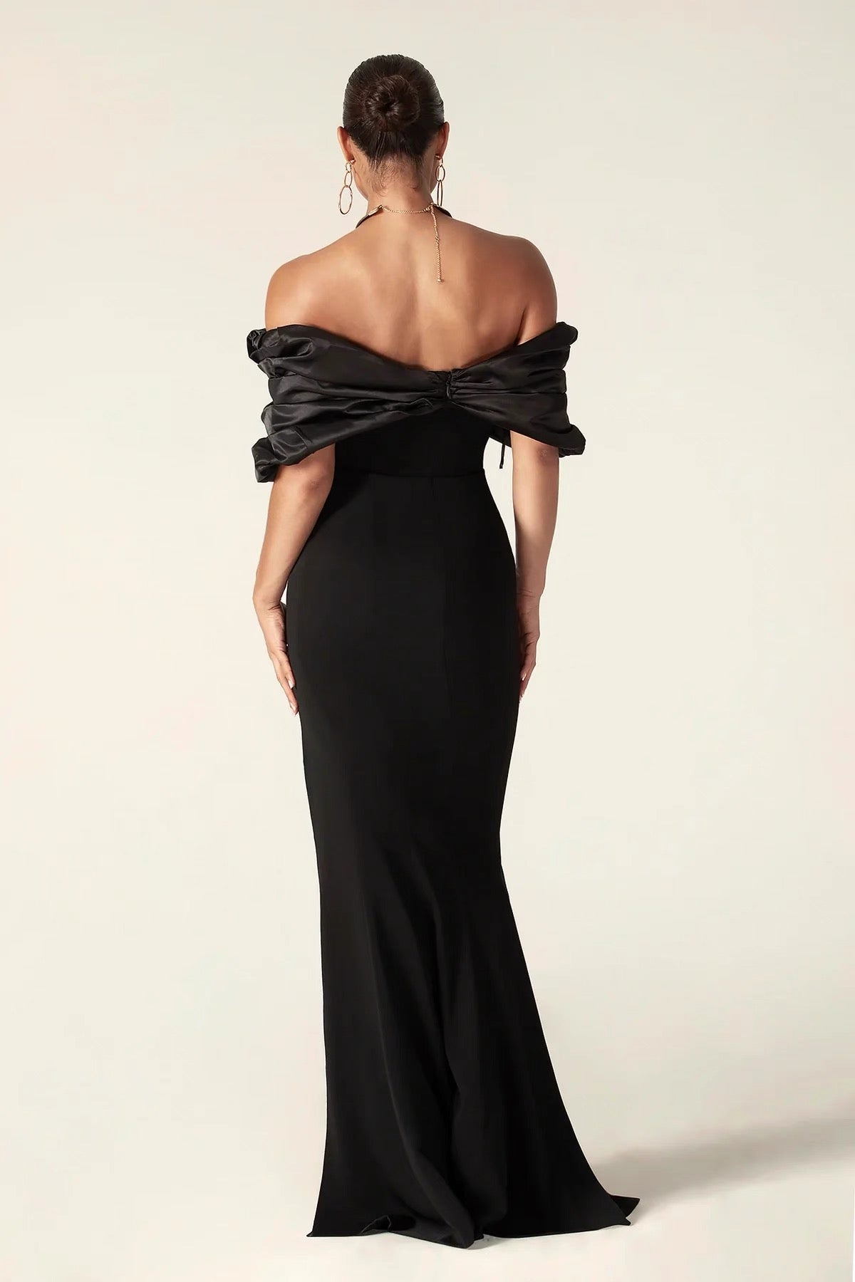 Off-Shoulder Draped Satin Slit Gown