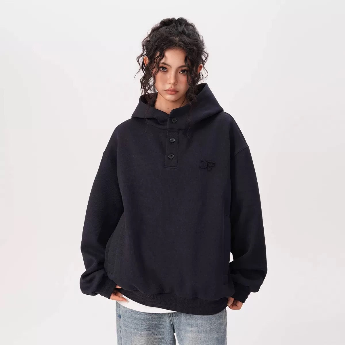 Layer Double-Neck Buttoned Hoodie