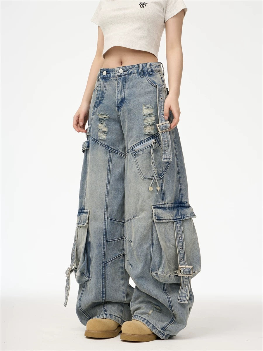 Heavy Washed Ripped Cargo Jeans