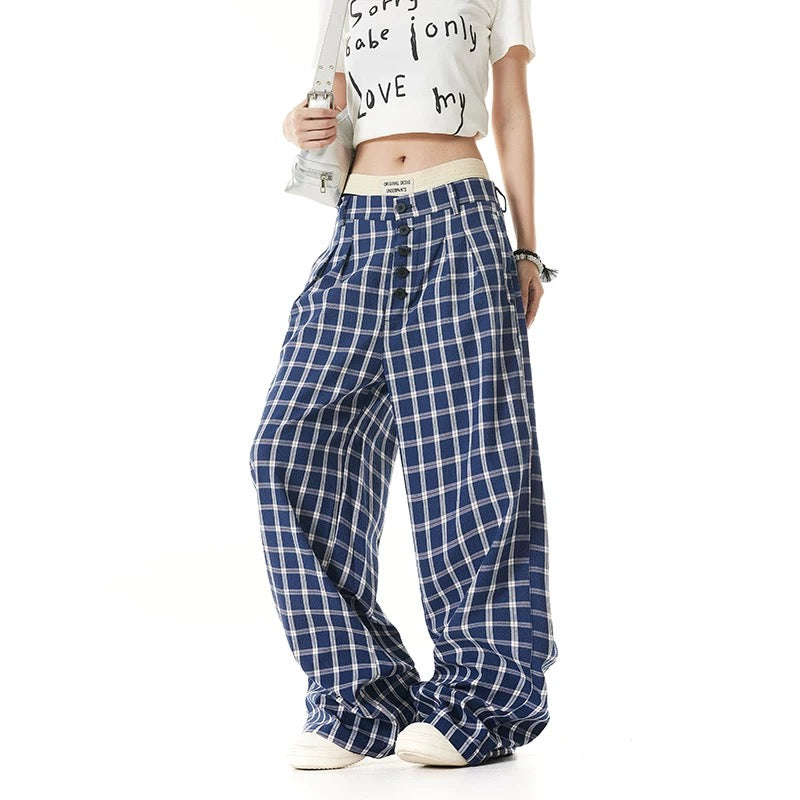 Wide-Leg High-Waist Plaid Trousers - Pants for Women