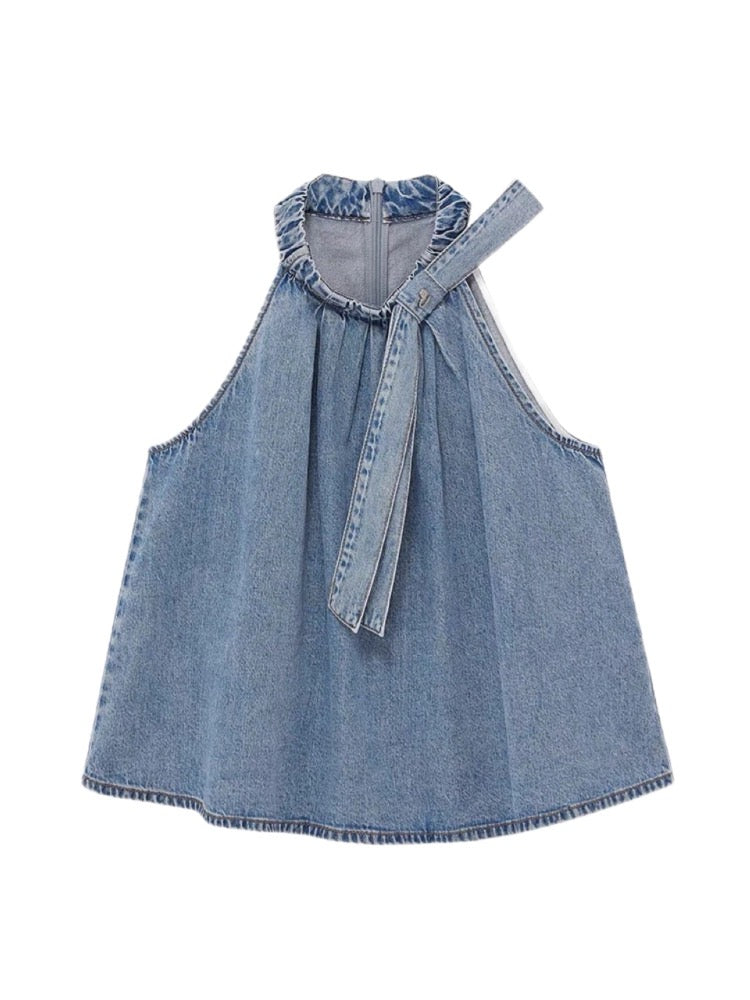 Denim Two Piece Set Wide Leg Pants Sleeveless Top