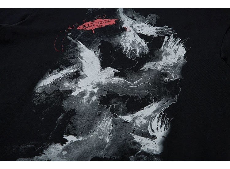 Oversized Ink Print Raven Graphic T-shirt