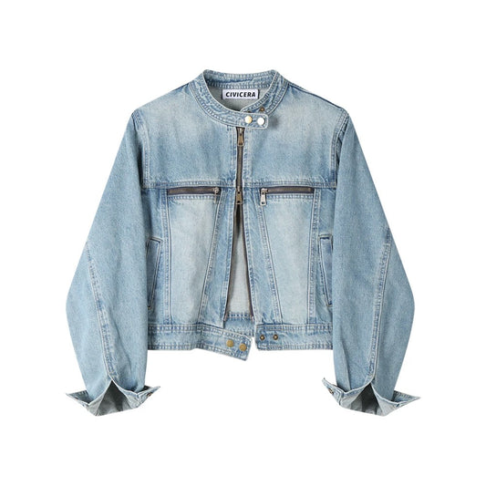 Light Blue Retro Double Zipper Denim Jacket