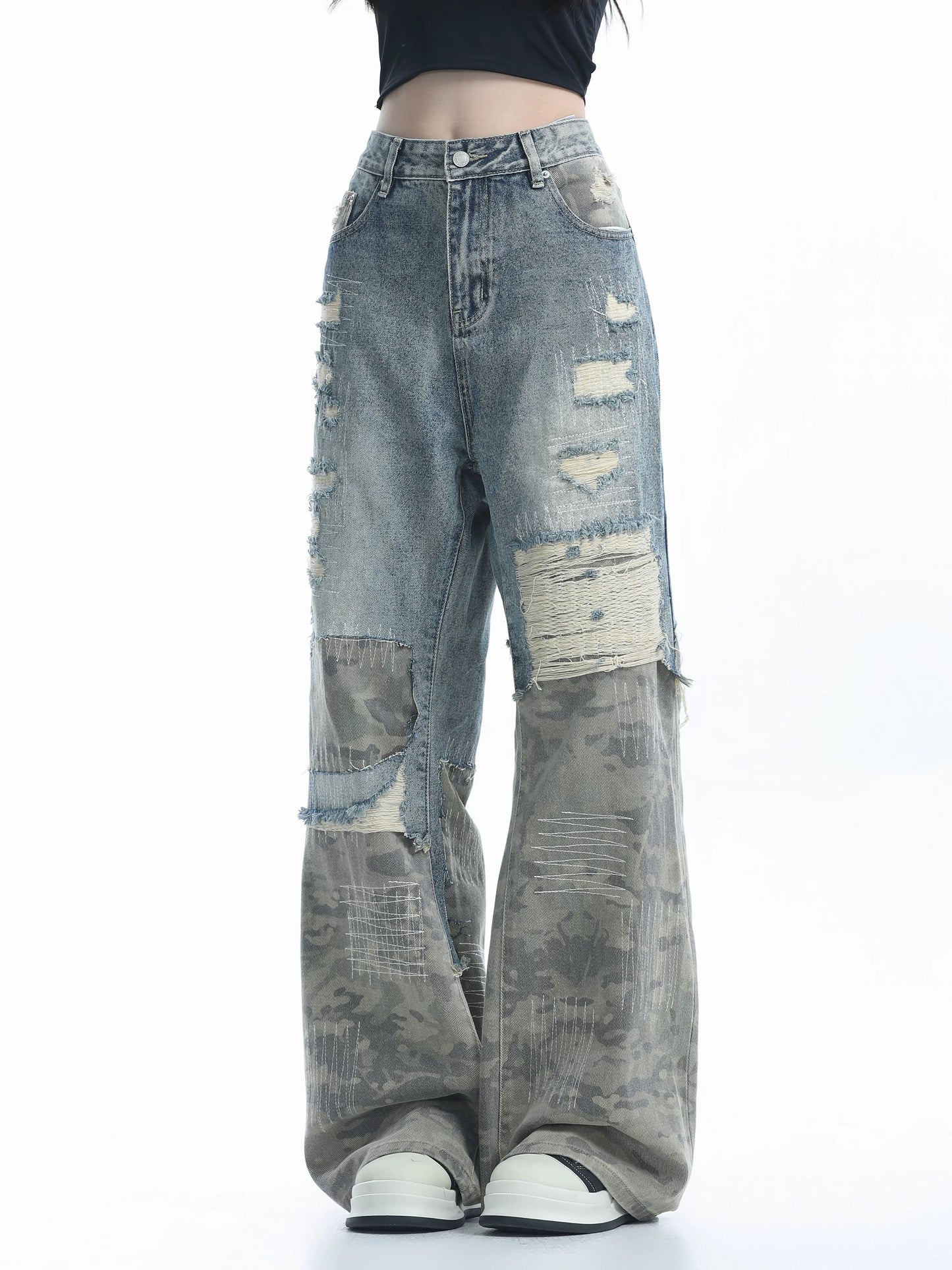 Patchwork Wide-Leg Camouflage Jeans