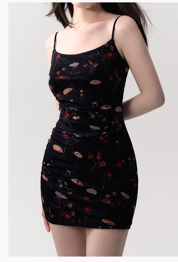 Oil-Painted Black Spaghetti Strap Dress