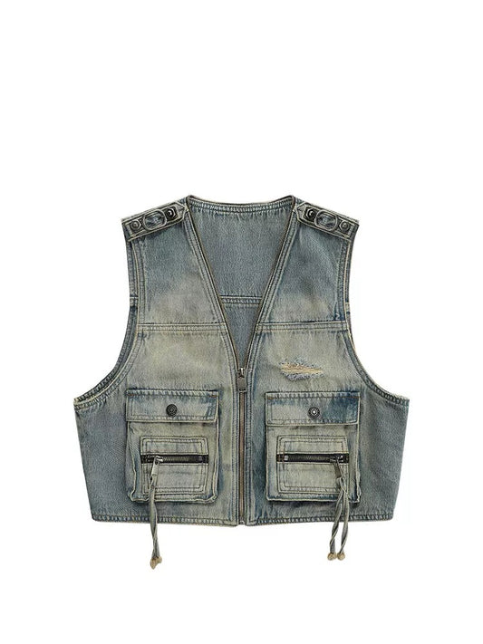 Washed Sleeveless Denim Vest