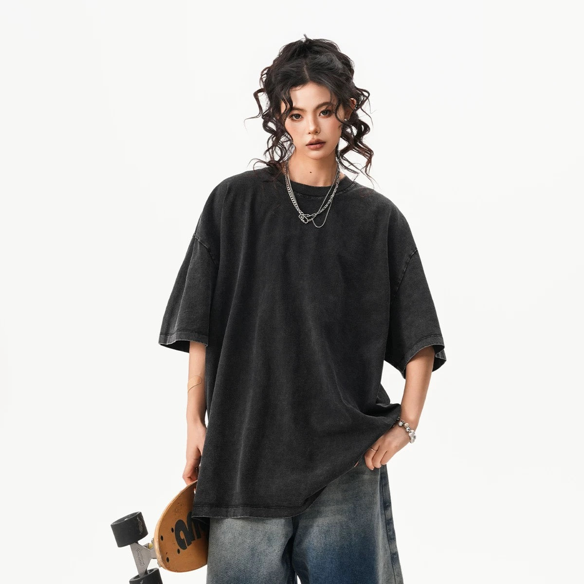 Black Grey Oversized Casual Plain T-shirt