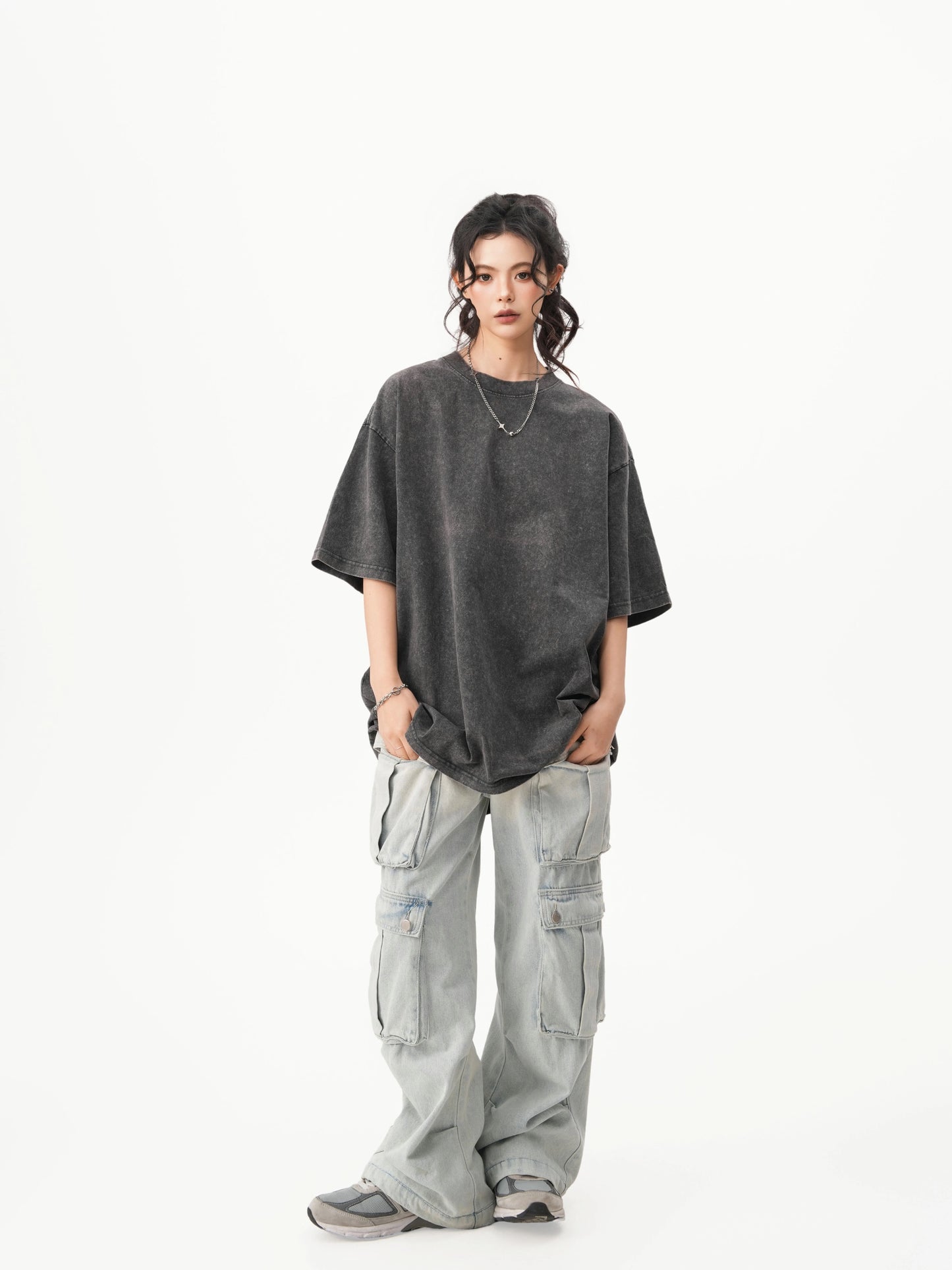 Black Grey Oversized Casual Plain T-shirt