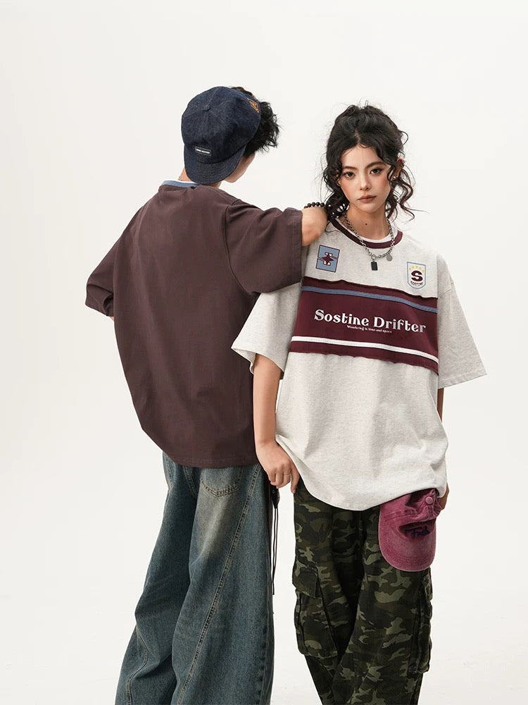 Unisex Retro College Style Stitching T-shirt
