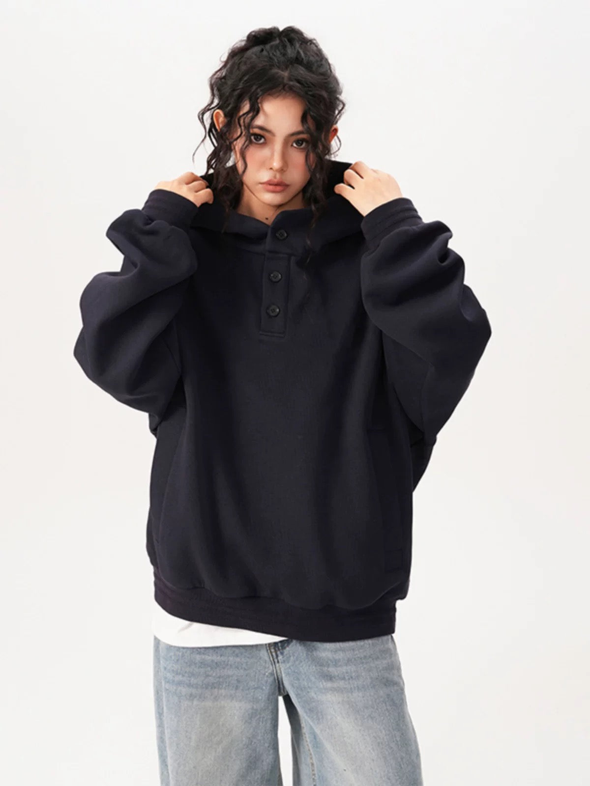 Layer Double-Neck Buttoned Hoodie