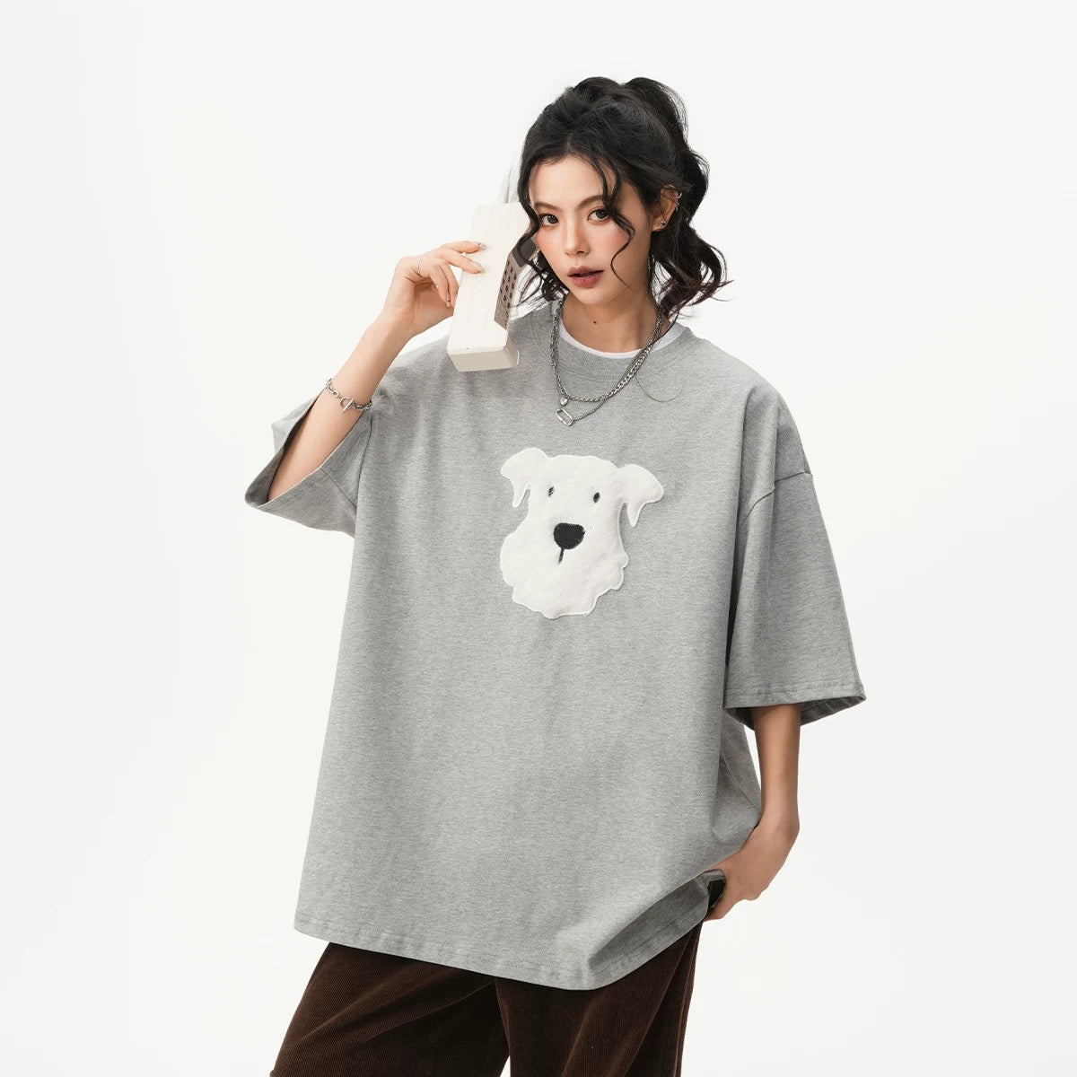 Oversized Crew Neck Puppy Graphic T-shirt