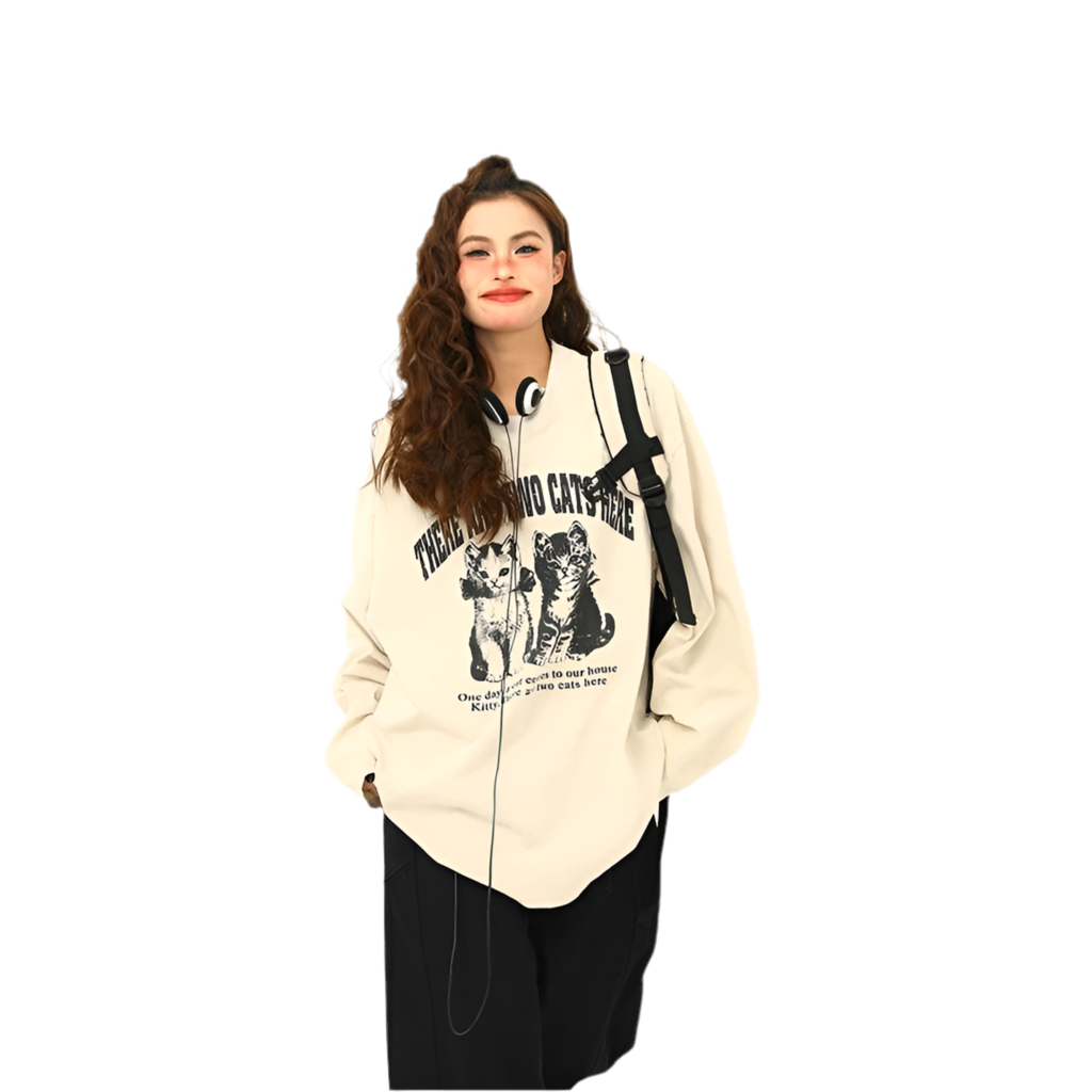 Full Sleeve Oversized Cat Graphic T-shirt
