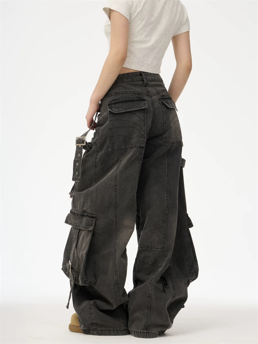 Heavy Washed Ripped Cargo Jeans