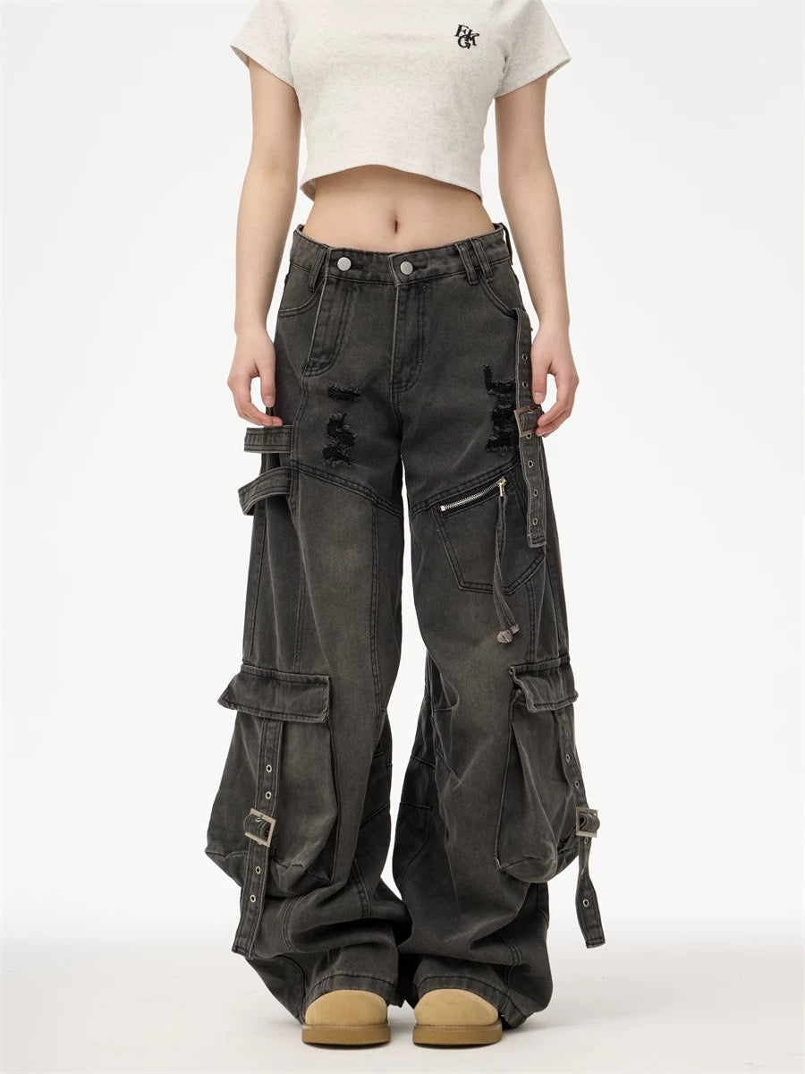Heavy Washed Ripped Cargo Jeans
