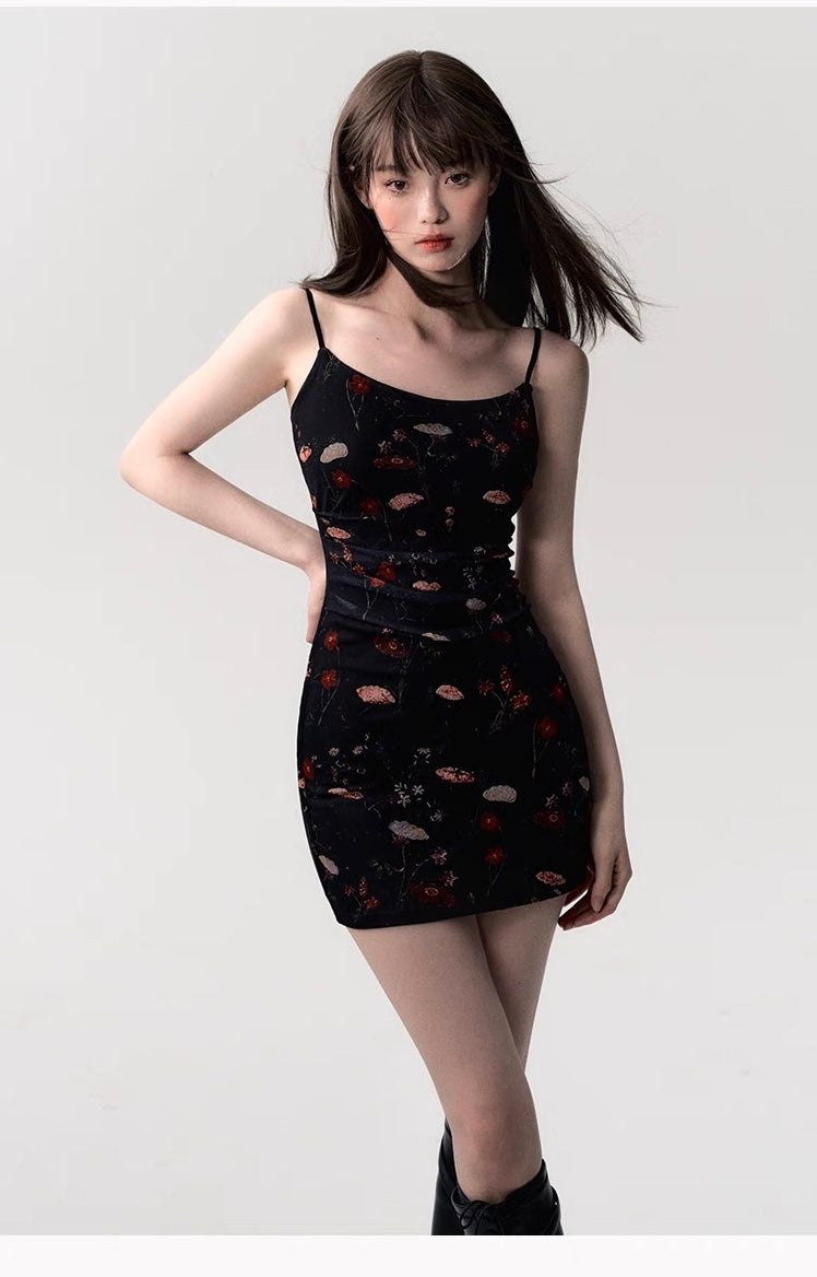 Oil-Painted Black Spaghetti Strap Dress