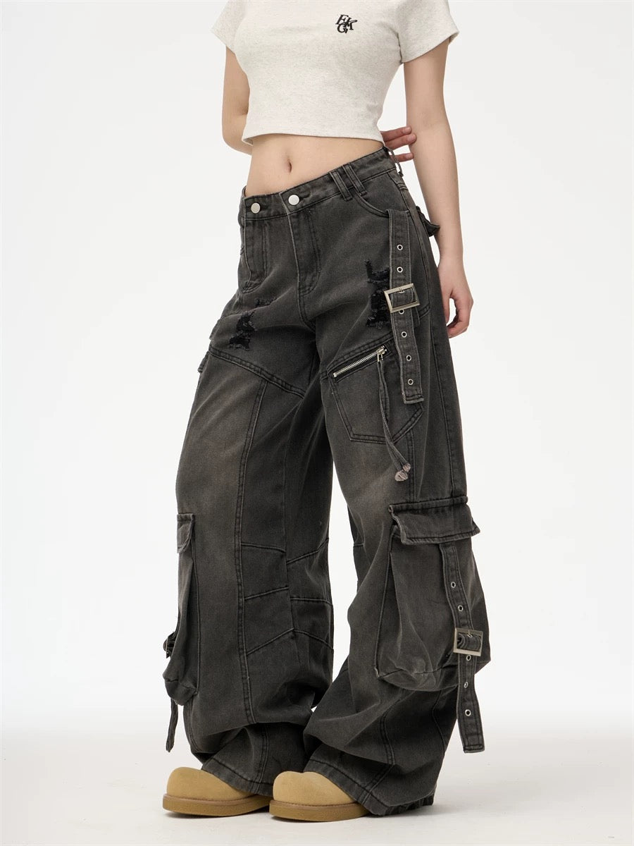 Heavy Washed Ripped Cargo Jeans