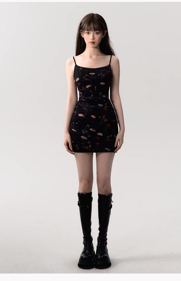 Oil-Painted Black Spaghetti Strap Dress