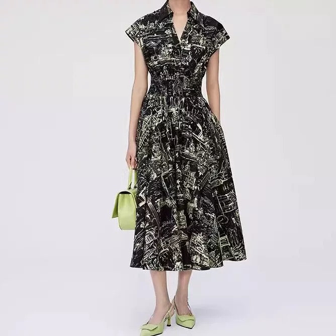 Black Cityscape Shirt Dress Summer Chic