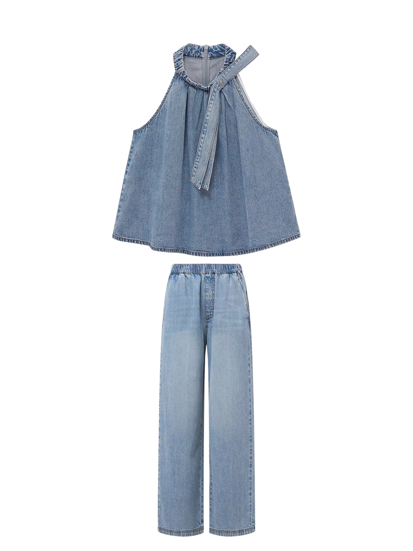 Denim Two Piece Set Wide Leg Pants Sleeveless Top