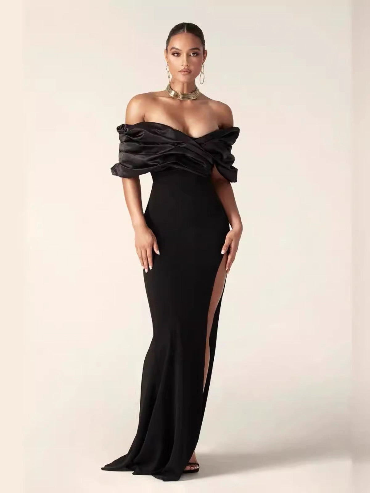 Off-Shoulder Draped Satin Slit Gown