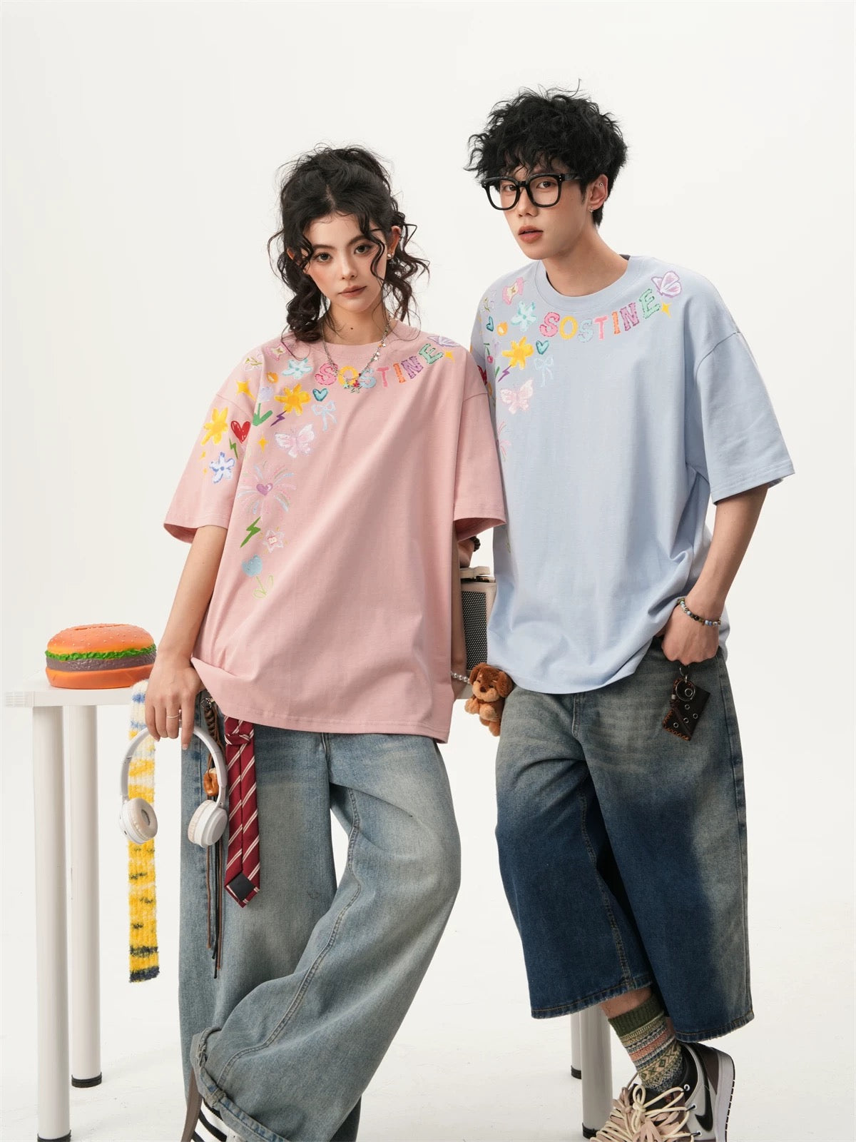 Cartoon Graffiti Couple Tee Summer Casual