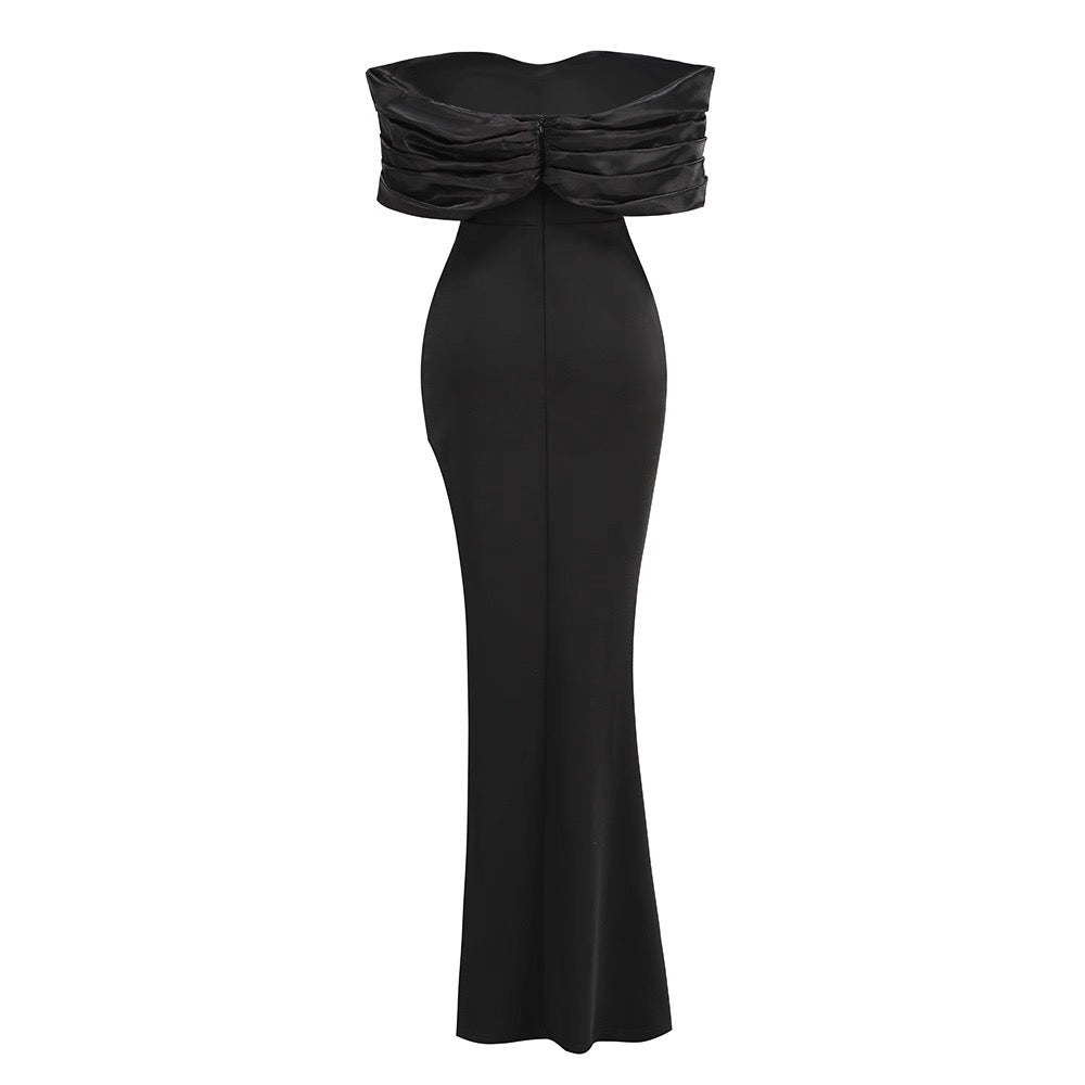 Off-Shoulder Draped Satin Slit Gown