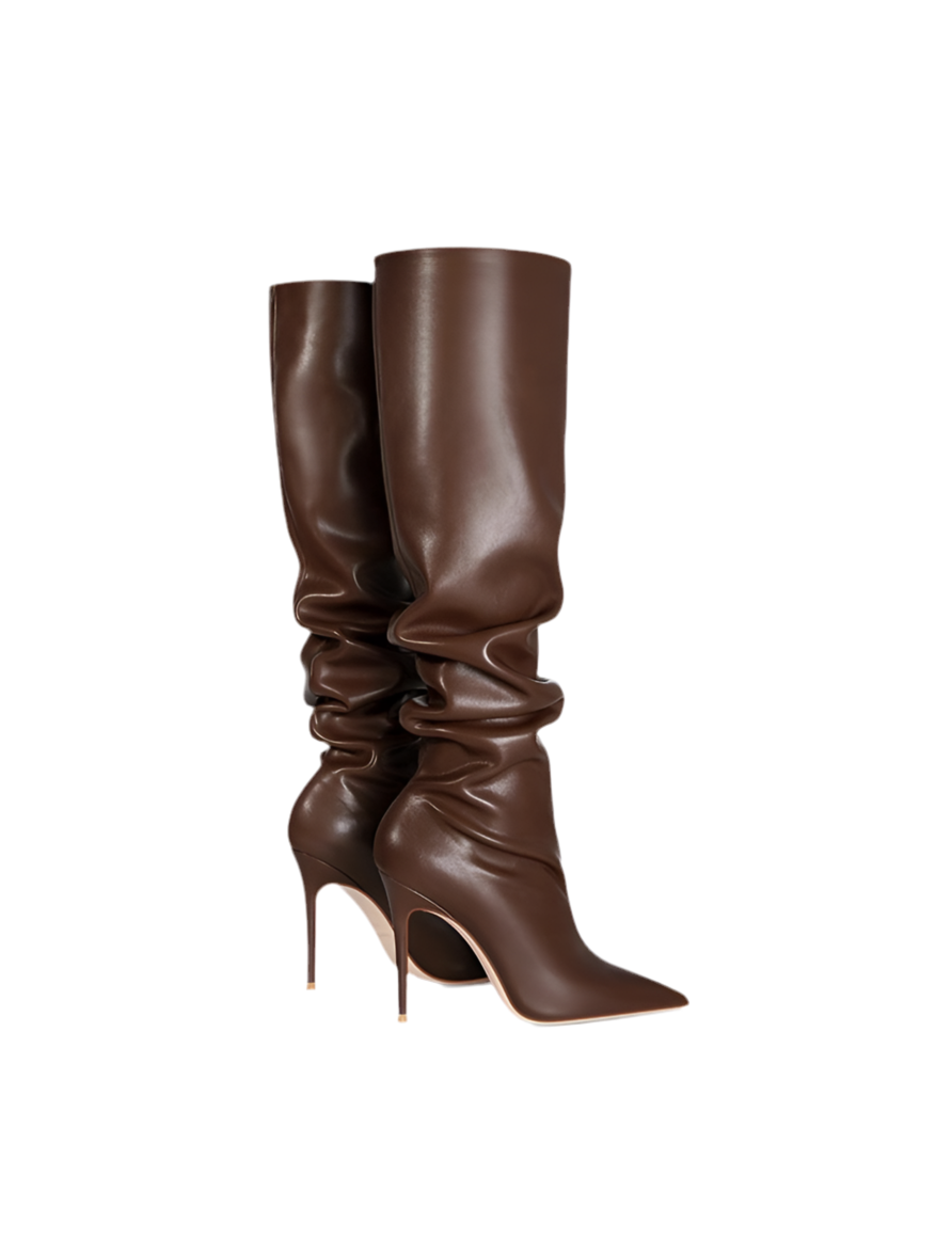 Coffee Brown Pleated Stiletto Knee Boots