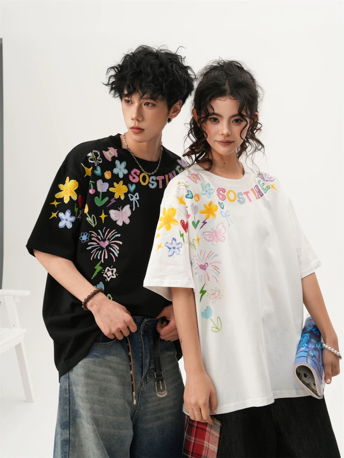Cartoon Graffiti Couple Tee Summer Casual