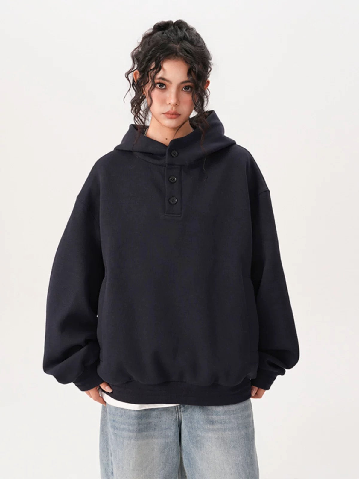 Layer Double-Neck Buttoned Hoodie
