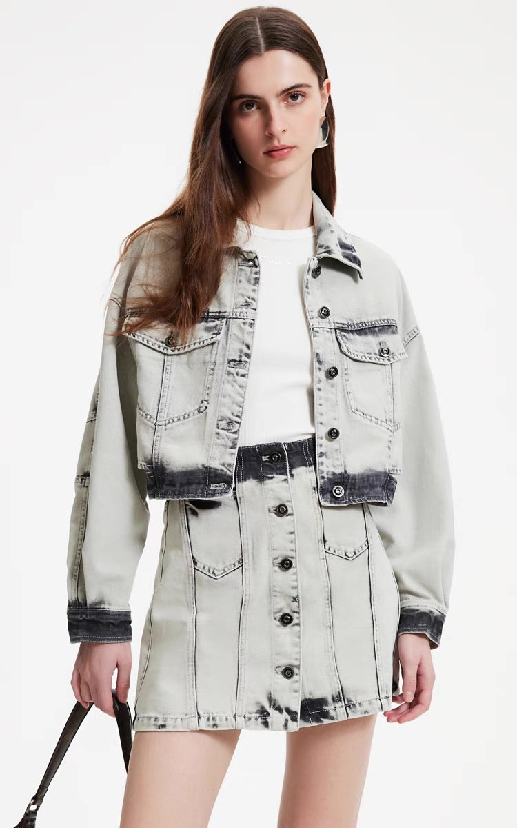 Distressed Denim Jacket & Skirt Set