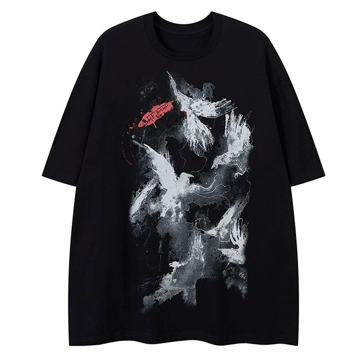 Oversized Ink Print Raven Graphic T-shirt