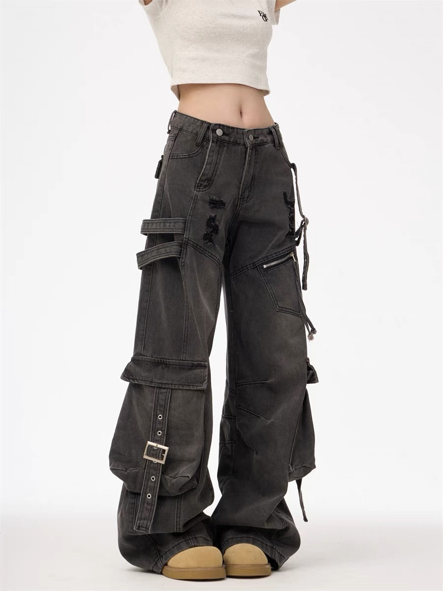 Heavy Washed Ripped Cargo Jeans