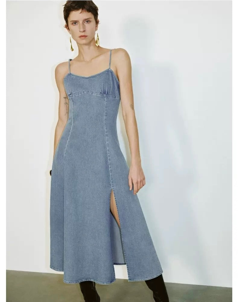 V-Neck Slit Suspender Denim Dress