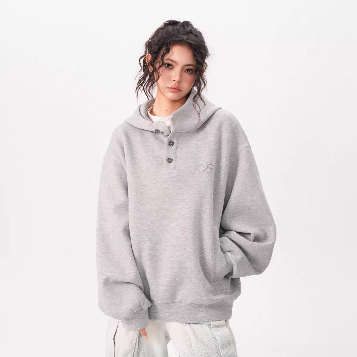 Layer Double-Neck Buttoned Hoodie