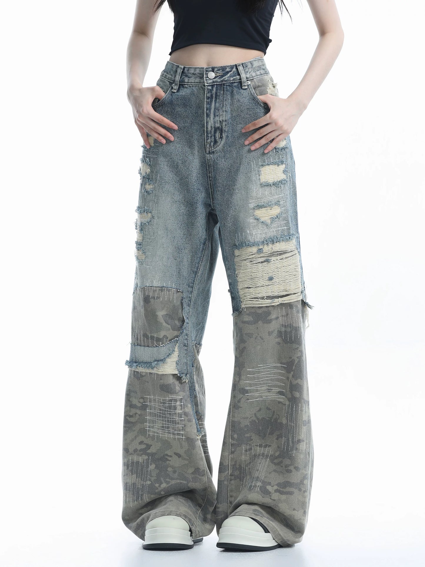 Patchwork Wide-Leg Camouflage Jeans
