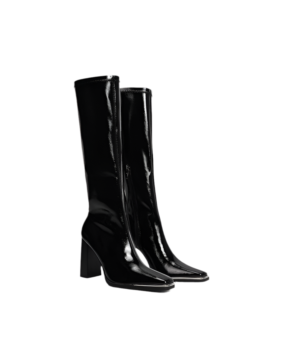 Glossy Patent Leather Block Heel Boots