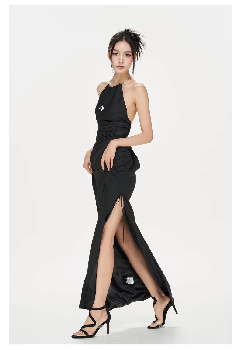 Backless Halter Satin Maxi Dress