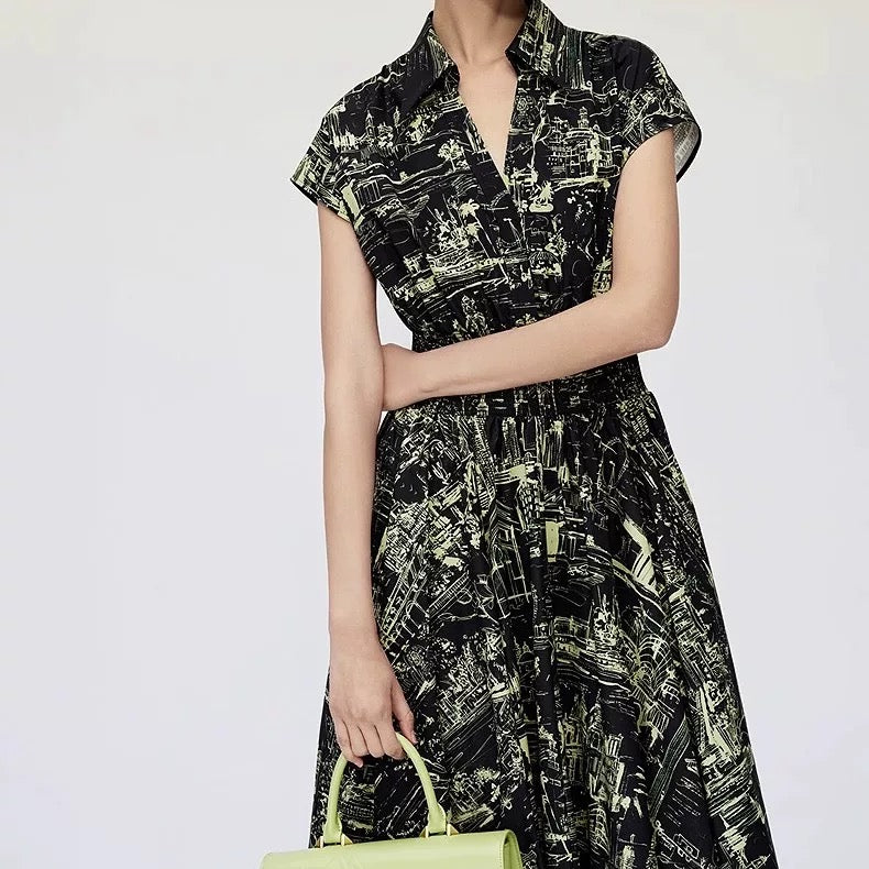 Black Cityscape Shirt Dress Summer Chic