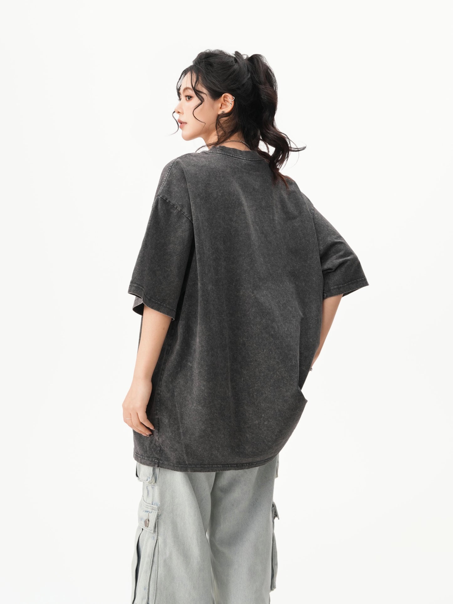 Black Grey Oversized Casual Plain T-shirt