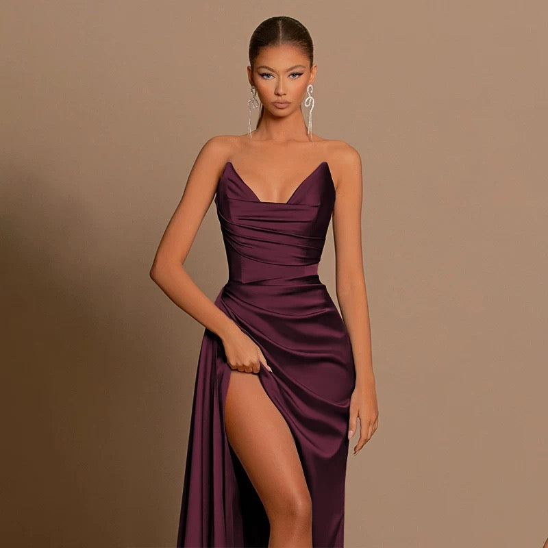 Satin Ruched Thigh-High Slit Maxi Dress