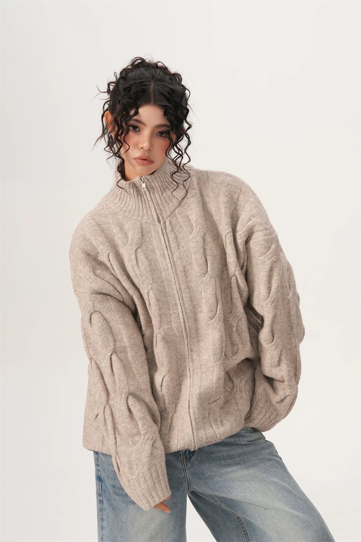 Cable Knit Zipper Cardigan Sweater Jacket