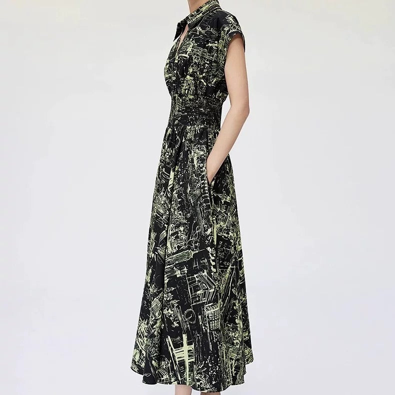 Black Cityscape Shirt Dress Summer Chic